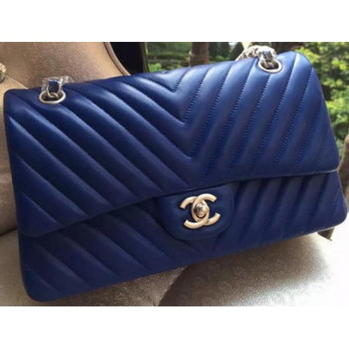 Chanel 2.55 Series Flap Bag Blue Lambskin Chevron Leather A01112 Argent