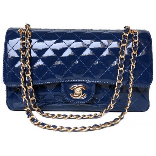 Chanel 2.55 Series Flap Bag Cuir verni bleu A1112 Or