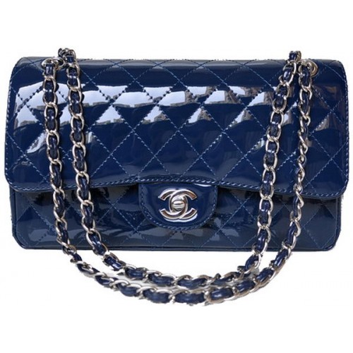 Chanel 2.55 Series Flap Bag Cuir verni bleu A1112 Argent