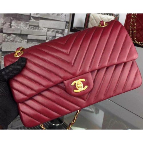 Chanel 2.55 Series Flap Bag Burgundy Lambskin Chevron Leather A5023 Or