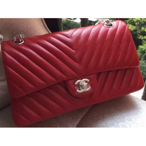 Chanel 2.55 Series Flap Bag Red Lambskin Chevron Leather A01112 Or/Argent