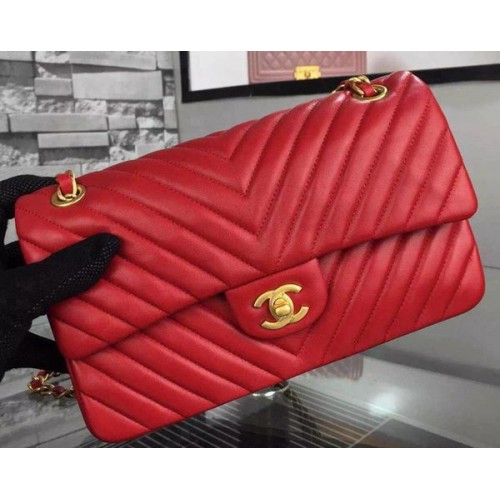 Chanel 2.55 Series Flap Bag Red Lambskin Chevron Leather A5023 Or