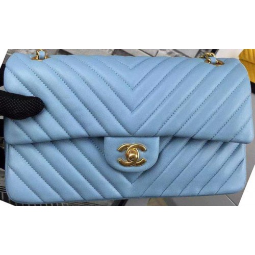 Chanel 2.55 Series Flap Bag SkyBlue Lambskin Chevron Leather A5023 Or