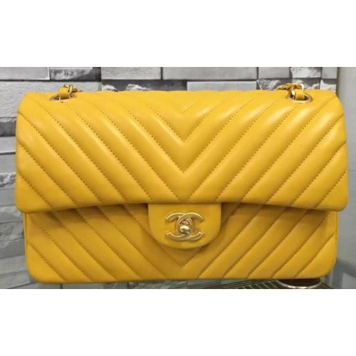 Chanel 2.55 Series Flap Bag Yellow Lambskin Chevron Leather A5023 Or