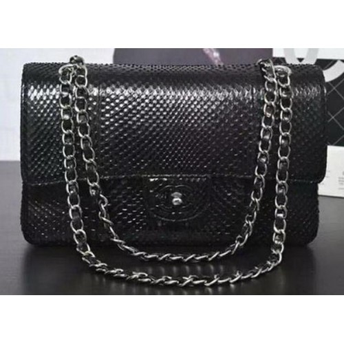 Chanel 2.55 Series Flap Bags Black Original Snake Leather A1112SA Argent