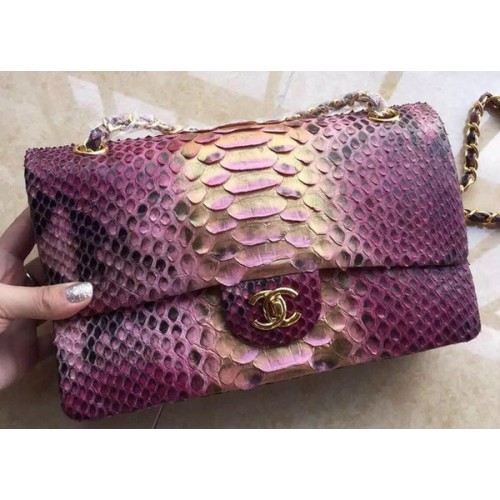 Chanel 2.55 Series Flap Bags Light Purple Pink Original Python Leather A1112SA Gold