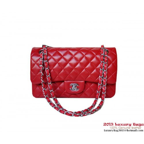 Chanel A01112 Sac à rabat classique en peau de mouton rouge argent