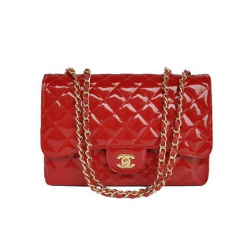 Nouvelle Couleur Chanel A28600 Sac à Rabat Classique en Cuir Verni Rouge Doré