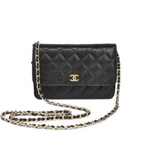 Nouveau Sac Chanel A33814 à rabat en cuir grainé noir doré