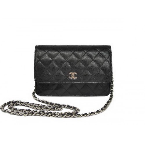 Nouveau Sac Chanel A33814 à rabat en cuir grainé noir argenté