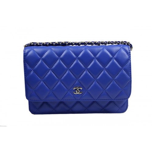 Chanel CHA33814 Mini sac à rabat en cuir de mouton bleu d'origine Argent