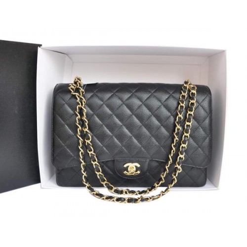 Chanel A47600 Sac à rabat jumbo en cuir caviar noir original doré