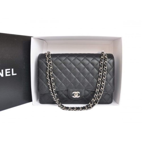 Chanel A47600 Sac à rabat jumbo en cuir caviar noir original argent