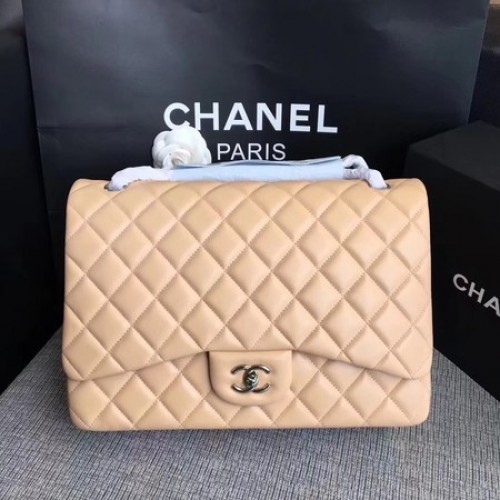 Chanel Maxi Sac à rabat classique matelassé Cuir de mouton abricot A58601 Argent