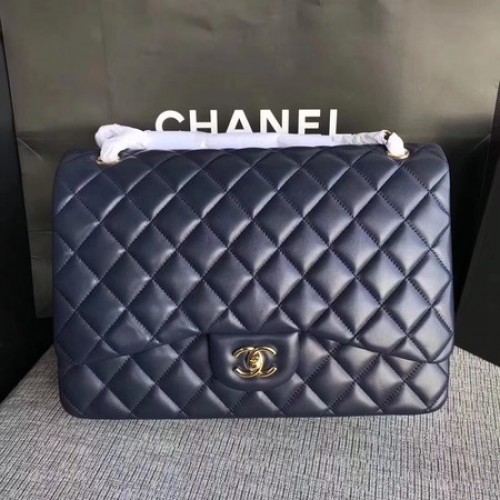 Chanel Maxi Sac à rabat classique matelassé Bleu Cuir de mouton A58601 Or