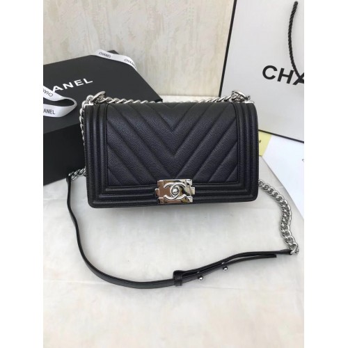 Chanel Boy Flap Caviar Original V Sac à bandoulière en cuir noir A67086 Argent