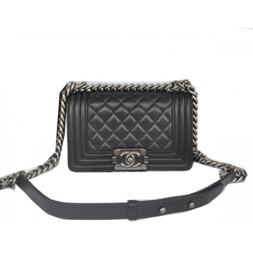 Chanel Boy Flap Sac à Bandoulière Noir Original Cuir d'Agneau CHA67085 Argent