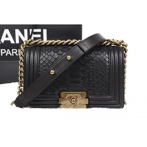 Chanel Boy Flap Sac à bandoulière en cuir de python noir d'origine A67085 Or