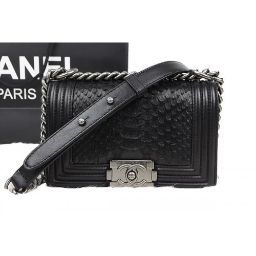 Chanel Boy Flap Sac à bandoulière en cuir de python noir d'origine A67085 Argent