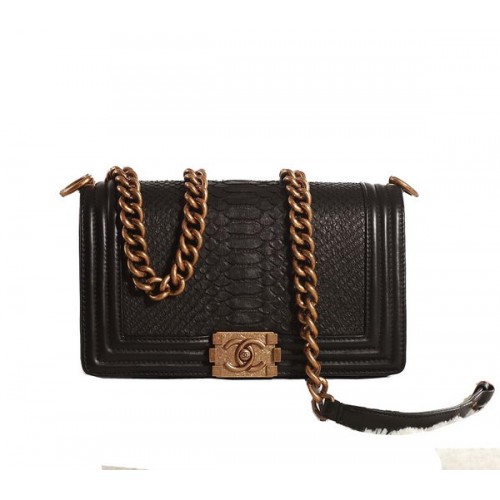 Chanel Boy Flap Sac à bandoulière en cuir de serpent noir d'origine A67086 Or
