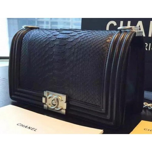 Chanel Boy Flap Sac à bandoulière en cuir de python noir A66095 Argent
