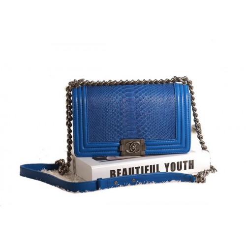 Chanel Boy Flap Sac à Bandoulière Bleu Original Serpent Cuir A67086 Argent