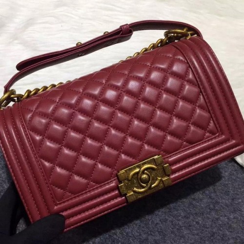Chanel Boy Flap Sac à bandoulière Bordeaux Cuir de mouton d'origine A67086 Bronze