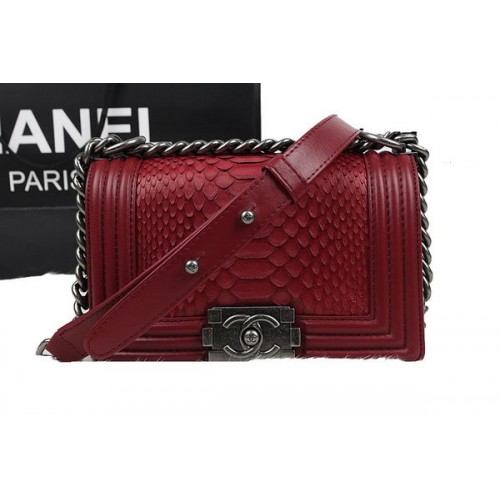 Chanel Boy Flap Sac à Bandoulière Rouge Original Cuir Python A67085 Argent