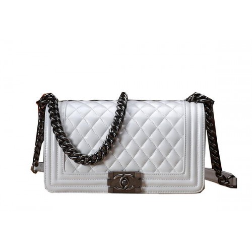 Chanel Boy Flap Sac à Bandoulière Blanc Cuir de Veau Original CHA67086 Argent