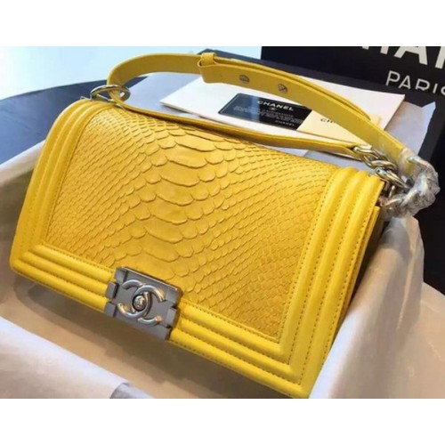 Chanel Boy Flap Sac à bandoulière en cuir de python jaune A66095 Argent