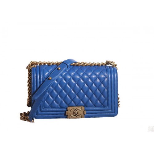 Chanel Boy Flap Sac à Bandoulière en Cuir d'Agneau Bleu A67086 Doré