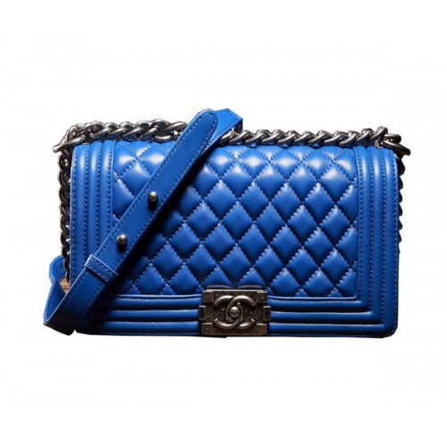Chanel Boy Flap Sac à Bandoulière en Cuir d'Agneau Bleu A67086 Argent
