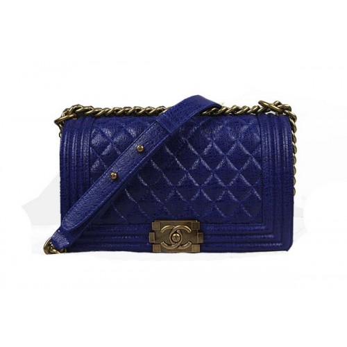 Chanel Boy Flap Sac à Bandoulière en Cuir Craquelé Glacé Original Bleu A67025 Doré