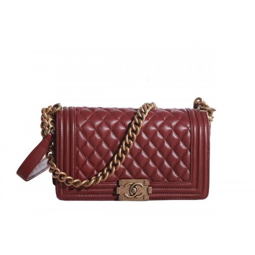 Chanel Boy Flap Sac à Bandoulière en Cuir d'Agneau Bordeaux A67086 Doré