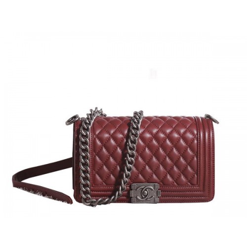 Chanel Boy Flap Sac à Bandoulière en Cuir d'Agneau Bordeaux A67086 Argent