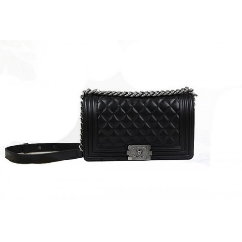 Chanel Boy Flap Sac à bandoulière en cuir d'agneau noir d'origine A67025 Argent