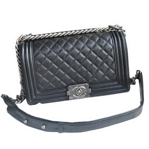 Chanel Boy Flap Sacs à Bandoulière Noir Cannage Motif Cuir A67086 Argent