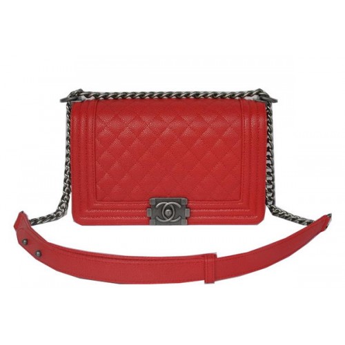 Chanel Boy Flap Sacs à Bandoulière Rouge Cannage Motif Cuir A67086 Argent