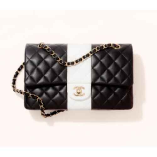 Chanel SAC A MAIN CLASSIQUE Agneau Doré Métal A01112 Noir Blanc