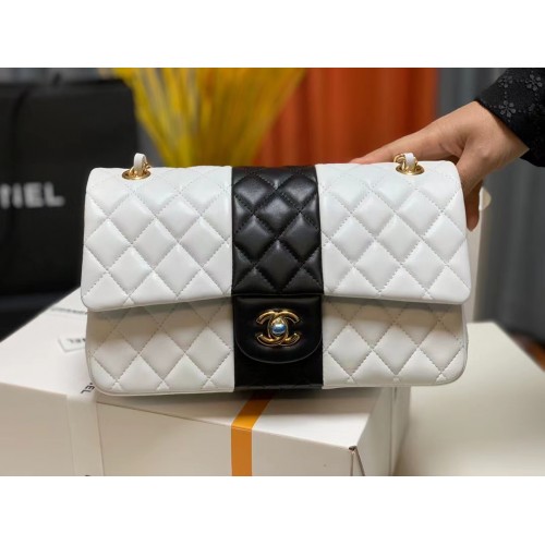 Chanel SAC À MAIN CLASSIQUE Agneau Métal Doré A01112 Blanc Noir