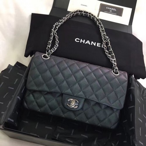 Chanel Cuir de veau métal argenté A01112 noir