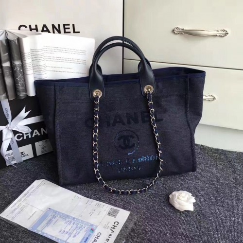 Chanel Canvas Leather Tote Shopping Bag Bleu foncé A1679