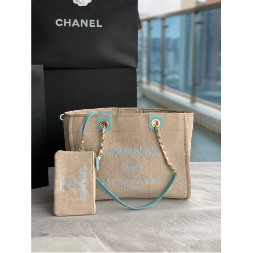 Chanel Canvas Shopping Bag 67001 Beige&bleu ciel