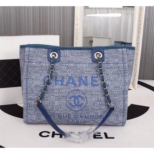 Chanel Sac Cabas Toile Veau Métal Argenté A23556 bleu