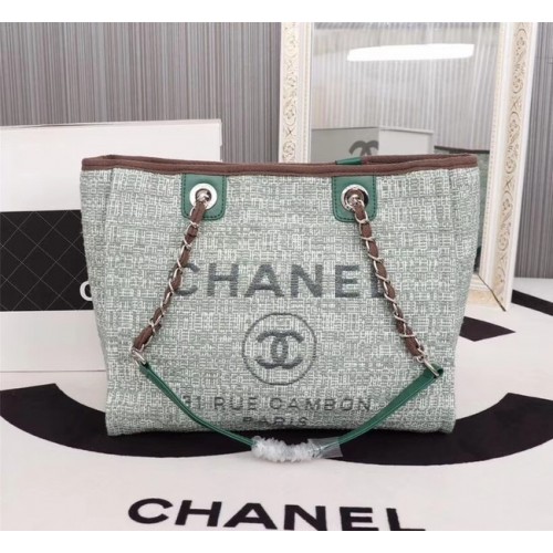 Chanel Sac Cabas Toile Veau Métal Argenté A23556 vert