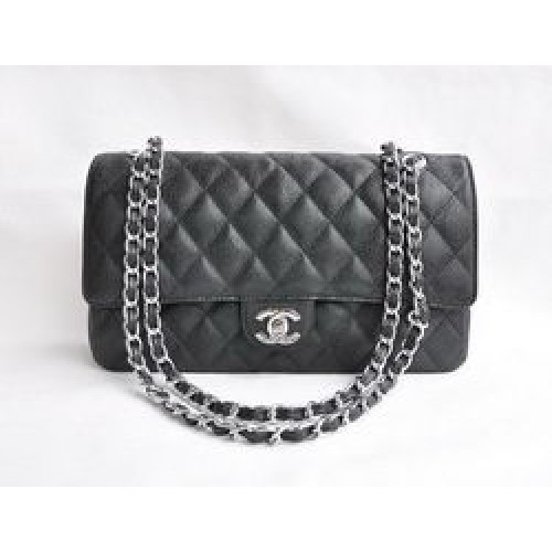 Chanel Classic 2.55 Series Black Caviar Silver Chain Sac à rabat matelassé 1113