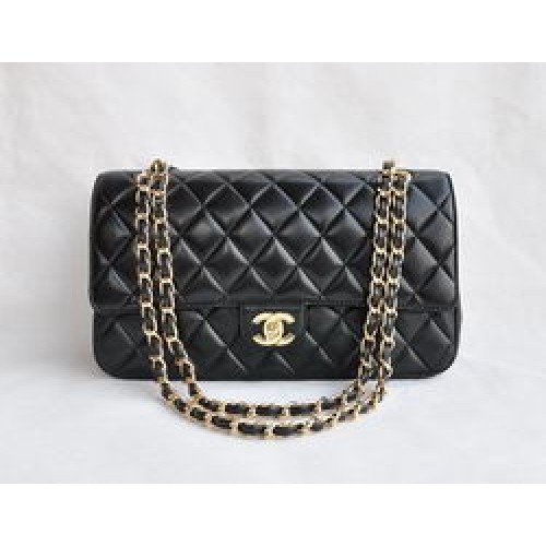 Chanel Classic 2.55 Series Sac à rabat matelassé en cuir d'agneau noir avec chaîne dorée 1113