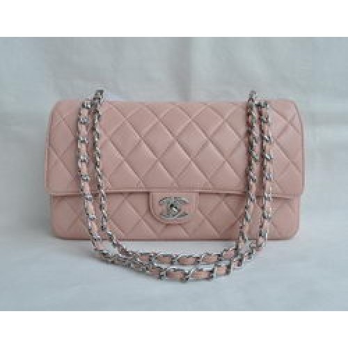 Chanel Classic 2.55 Series Sac à rabat matelassé avec chaîne argentée en cuir d'agneau rose 1113