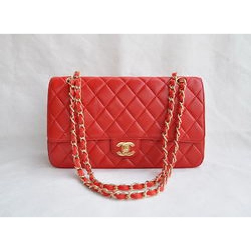 Chanel Classic 2.55 Series Sac à rabat matelassé à chaîne dorée en cuir d'agneau rouge 1113
