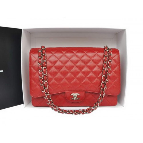 Qualité supérieure Chanel Classic A36070 Grand sac à rabat en cuir grainé rouge d'origine Argent
